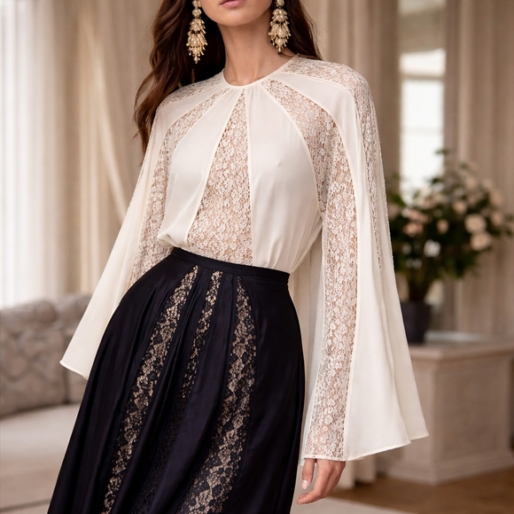 Stella McCartney Tops - Stella McCartney Lace Cape Sleeve Blouse & Long Skirt Set size L, Ivory & black